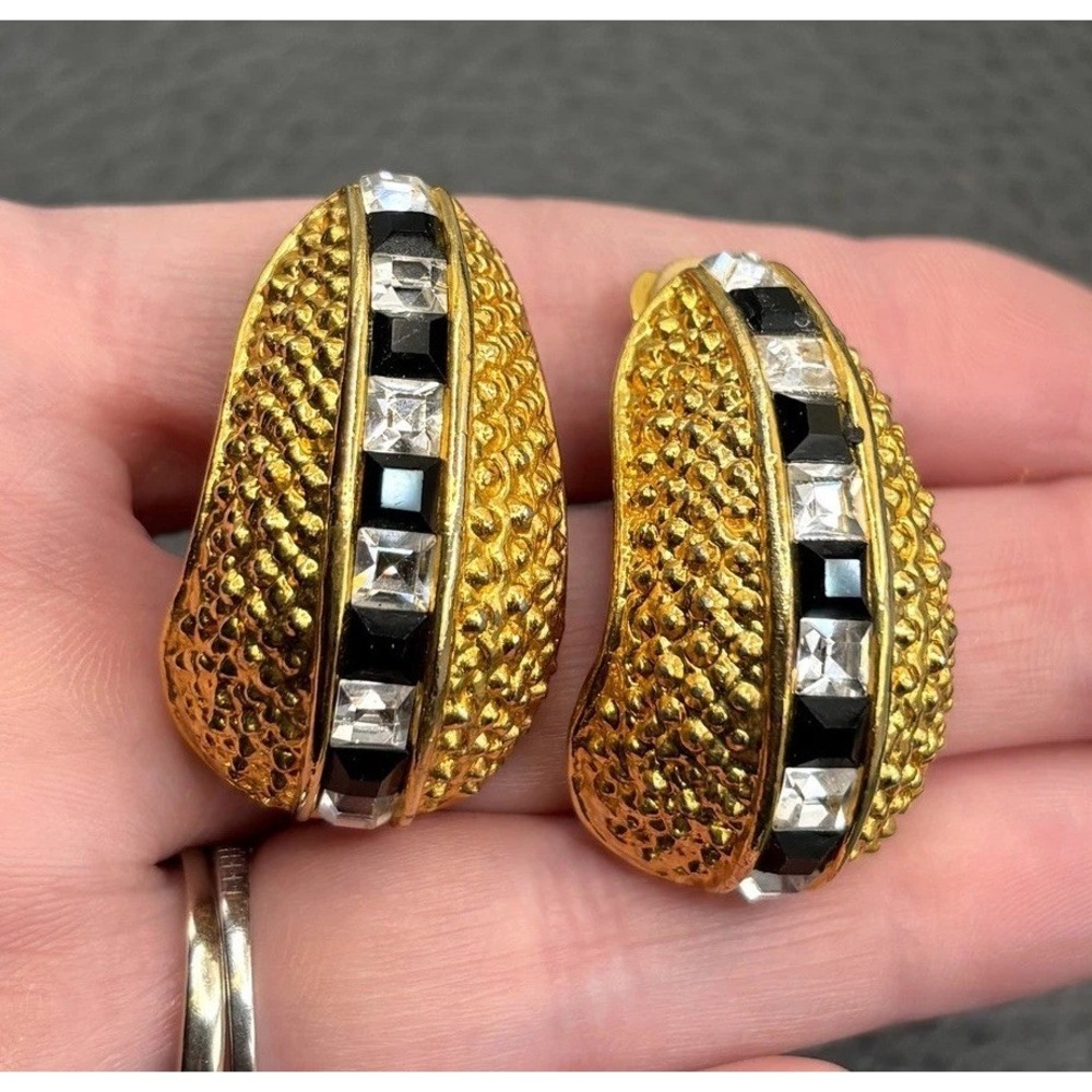 Vintage 80s Runway Clip On Earrings Black & Clear Rhinestones Chunky Gold Tone
